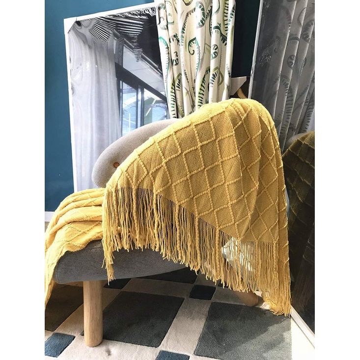 Woondeken, zacht gebreide wollen deken, kwastjes, knuffeldeken, sofadeken, slaapdeken, deken, deken, geel, 125 x 210 cm