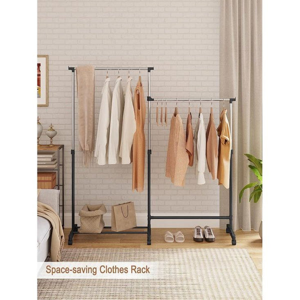 Kledingrek met wieltjes, kapstok met schoenenrek, 2 kledingstangen 1 in hoogte verstelbaar, L-vormig en recht verstelbaar, van metaal, zwart