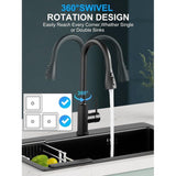 Waterkraan voor de keuken, uittrekbare keukenkraan, hogedruk keukenkraan, mengkraan voor spoelbak, roestvrij staal, 360 graden draaibaar, 4 sproeifuncties, zwart