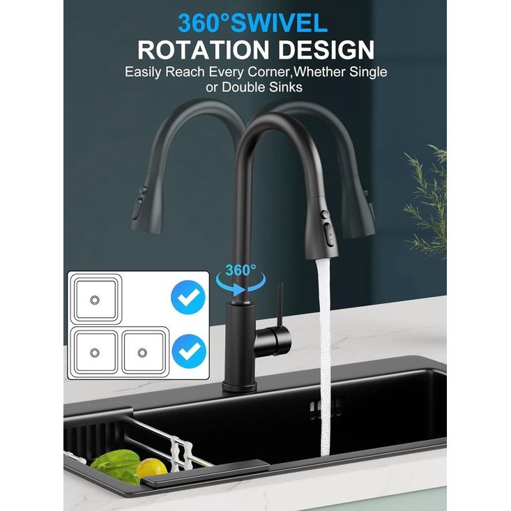 Waterkraan voor de keuken, uittrekbare keukenkraan, hogedruk keukenkraan, mengkraan voor spoelbak, roestvrij staal, 360 graden draaibaar, 4 sproeifuncties, zwart