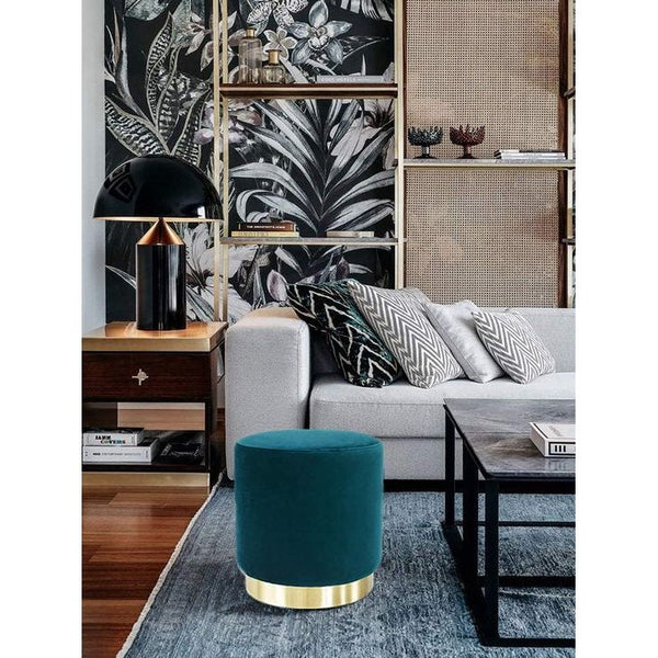 Kruk, fluwelen make-uptafel, poef, voetenbank, fluweel, zitkruk, zitpoef, rond, elegante gevoerde poef, fluwelen kruk, gestoffeerde kruk van gouden metalen basis, voor slaapkamer, hal, woonkamer, groen