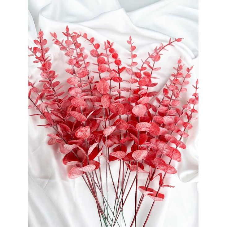 Kunstmatige eucalyptus decoratieve tak, pakket van 20 planten, eucalyptusbladeren, eucalyptusstam, kunstplanten, kunstmatige eucalyptusbomen, zilveren dollar, nepplant (20, rood)