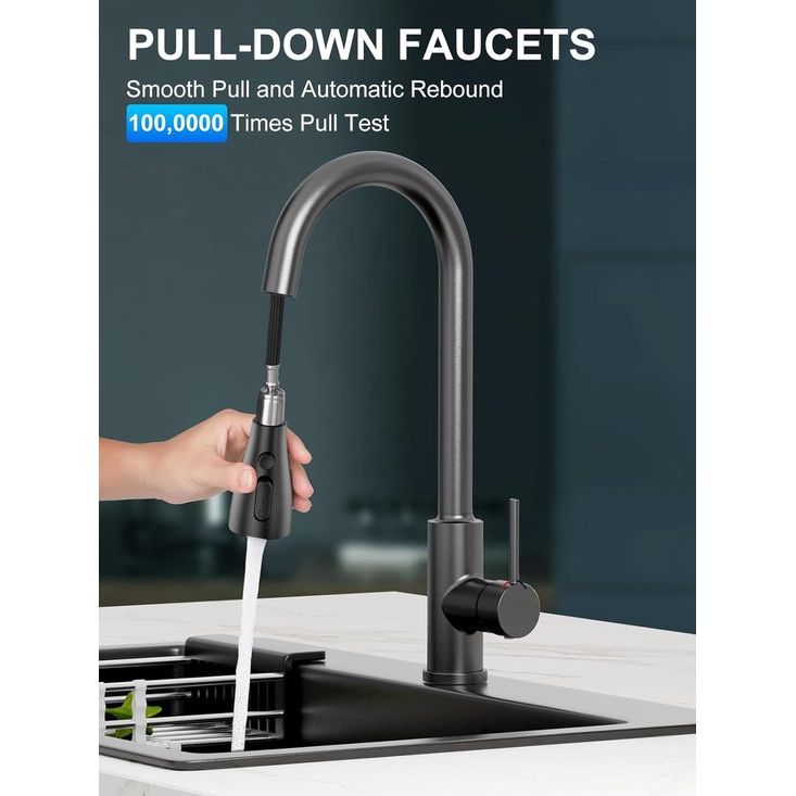 Waterkraan voor de keuken, uittrekbare keukenkraan, hogedruk keukenkraan, mengkraan voor spoelbak, roestvrij staal, 360 graden draaibaar, 4 sproeifuncties, zwart