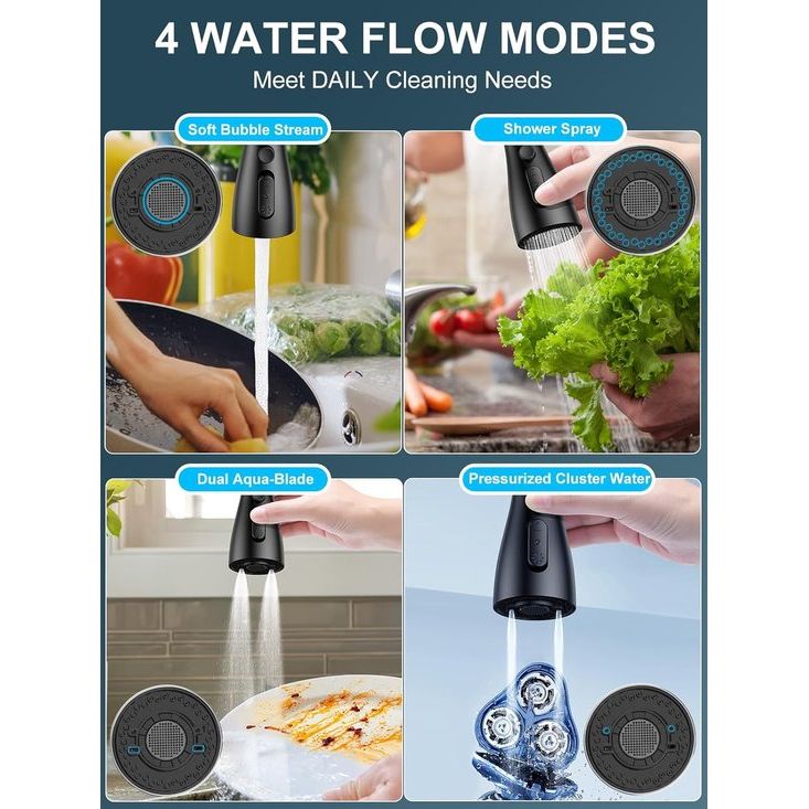 Waterkraan voor de keuken, uittrekbare keukenkraan, hogedruk keukenkraan, mengkraan voor spoelbak, roestvrij staal, 360 graden draaibaar, 4 sproeifuncties, zwart