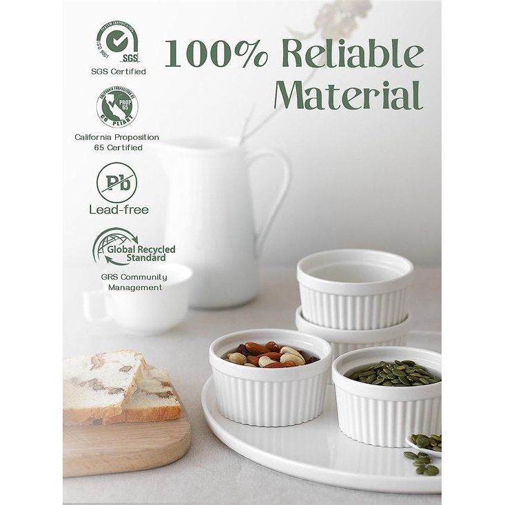 Creme Brulee Kommen 6 Set, 120 ml Non-stick Gecoate Soufflé Ramekins, Ovenvaste Souffle Ramekins, Ragout Fin Bowls, Ovenvaste Creme Brulee Kommen, Porselein Ramekins 8.9X4.4cm/Wit