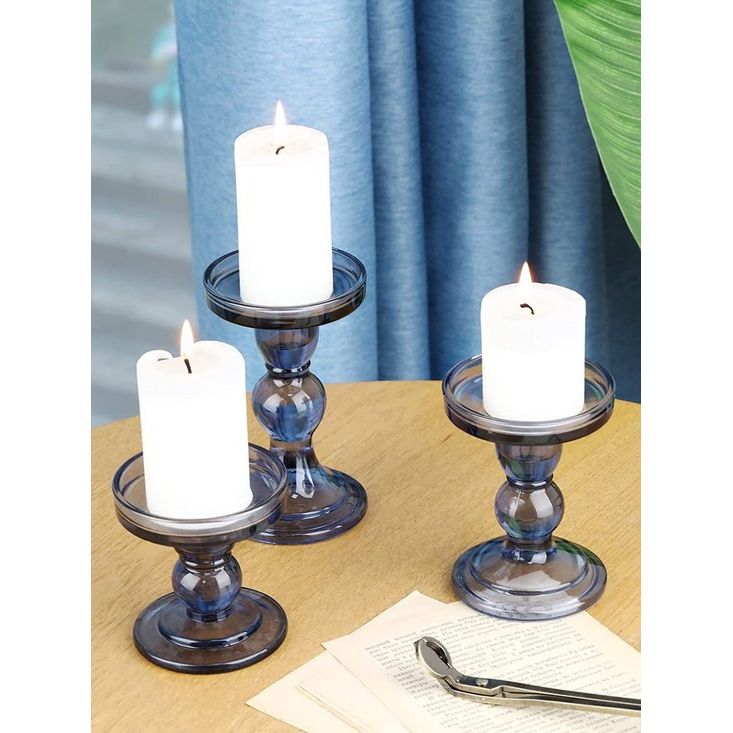 3 stuks kristalheldere kandelaars in verschillende afmetingen, elegante tafeldecoratie, theelichthouder voor romantisch diner, bruiloft, Kerstmis, verjaardag, blauw