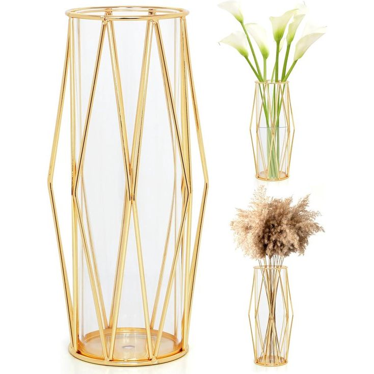 Gouden vazendecoratie voor tafelopzetstukken, 28 cm grote cilindervazen met decoratieve vaashouder van ijzer, bloemenarrangement voor pampasgras, decoratie en bruiloft tafeldecoratie