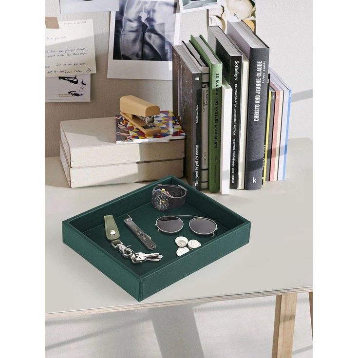 Rechthoekig PU-leer, Sieradenlade, Decoratieve lade, lederen lade, opslagruimte voor sieraden, sleutels, polshorloge, woonkamer, tafel, keuken, 26 x 21,5 x 4,5 cm, Zwart