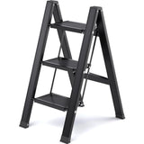 Trapladder, 3 treden, inklapbaar, aluminium vouwladder, draagbare vouwladder met breed anti-slip pedaal, opvouwbare huishoudladder, lichte ladder, draagvermogen 150 kg, zwart
