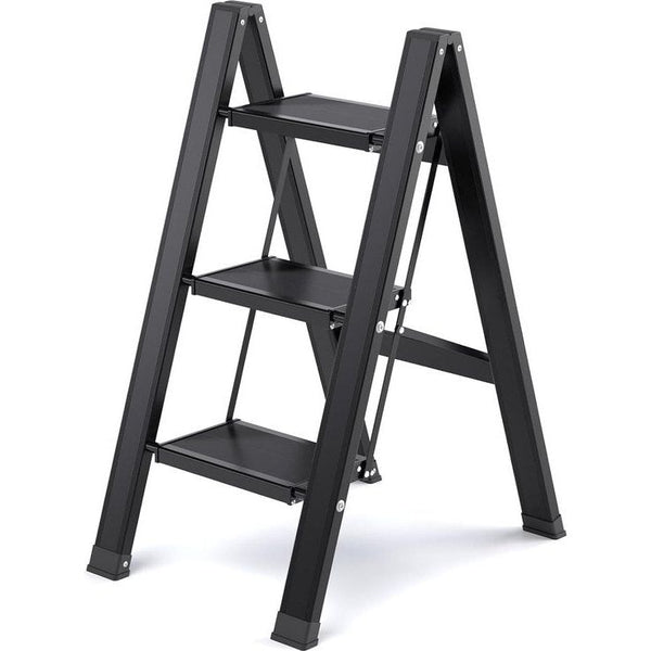 Trapladder, 3 treden, inklapbaar, aluminium vouwladder, draagbare vouwladder met breed anti-slip pedaal, opvouwbare huishoudladder, lichte ladder, draagvermogen 150 kg, zwart