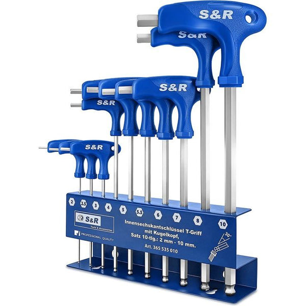 Inbussleutel set HX, S2 hoogwaardig staal, T-greep, kogelkop, gereedschapshouder van metaal, 10 stuks, 2 mm - 10 mm, zeskant sleutelset metrisch