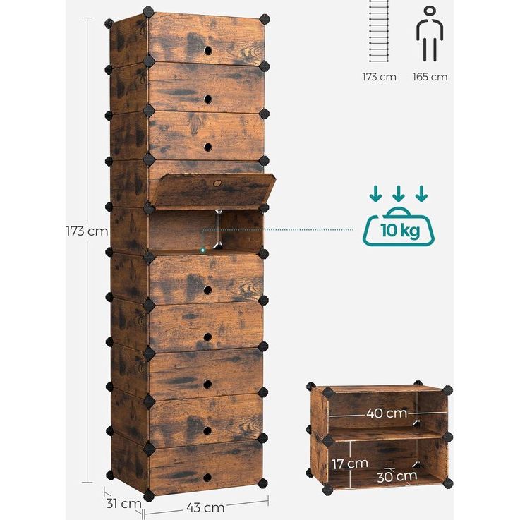 Schoenenrek met 10 niveaus, steekrek, reksysteem, schoenenorganizer, doe-het-zelfrek, met deur, van PP-kunststof, vintage bruin