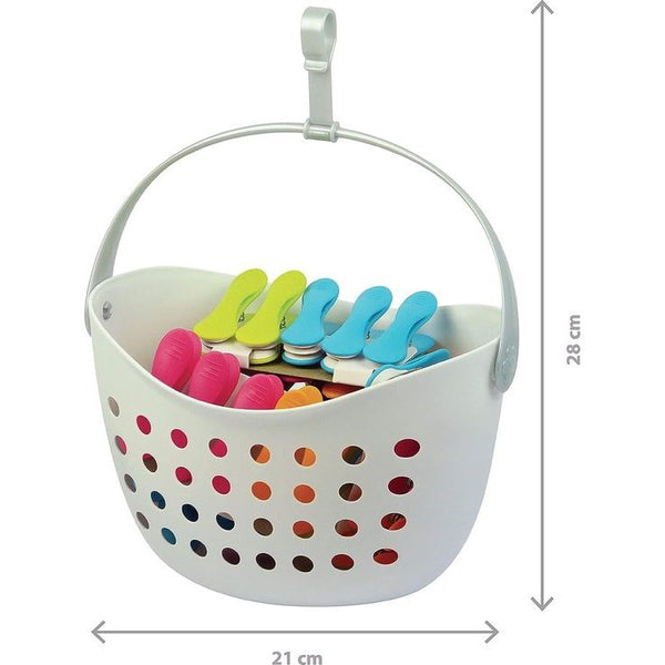 Mand met 40 clips antislip - Frans product - Mand wit - Diverse clips (groen, blauw, oranje, roze)
