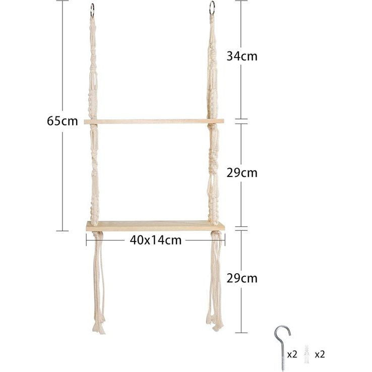 Wandrek, hout, boho, macramé, wandophangrek, dubbellaags hangrek, wanddecoratie, Boheems zwevend rek, handgeweven kwastjes, chic