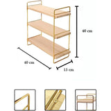 Houten en metalen gouden aanrechtrek met 3 planken, badkamerplank, houten plank, organizer en opslag voor badkamer, woonkamer, keuken