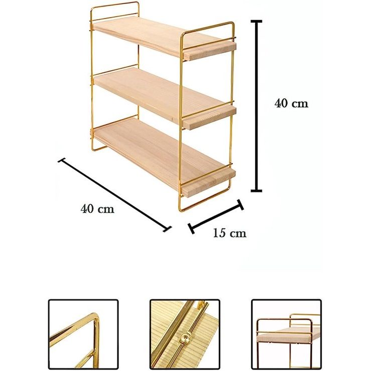 Houten en metalen gouden aanrechtrek met 3 planken, badkamerplank, houten plank, organizer en opslag voor badkamer, woonkamer, keuken