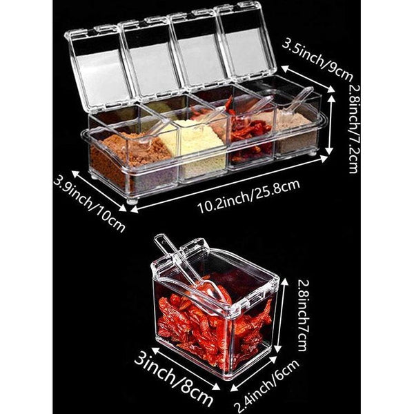 Set van 4 kruidenpotjes met lepels en afdekkingen, kruidenpotjes, keukengerei, transparant