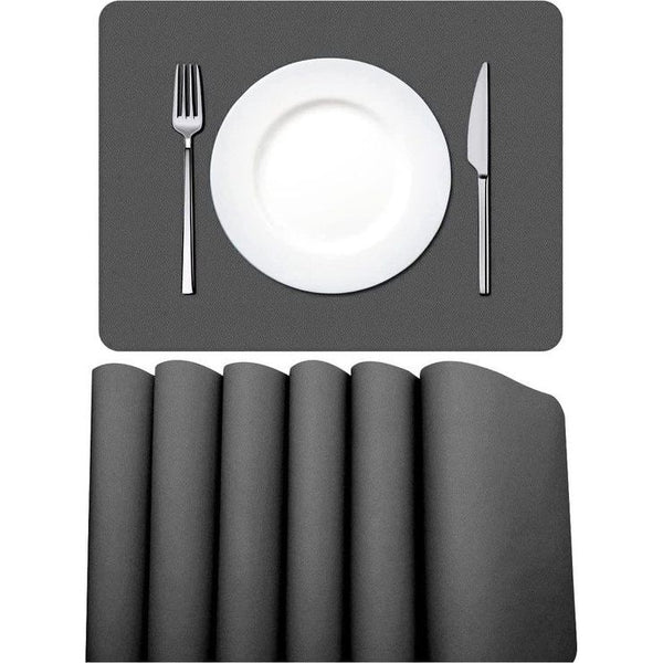 Placemats, afwasbaar, placemat, leer, 6-delige set, afwasbaar, lederlook, kunstleer, waterdicht, pvc-placemat, placemats voor keuken, eettafel, 42 x 30 cm, donkergrijs