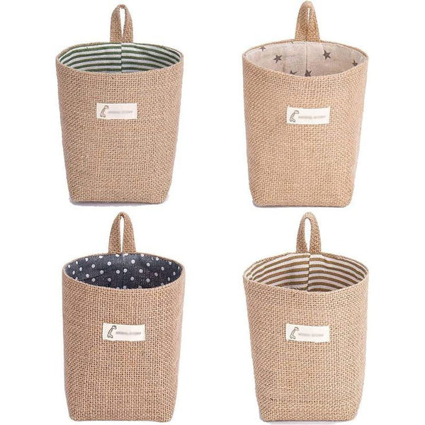 Opbergmanden, 4 stuks opbergtas van katoen en linnen, opvouwbare opbergmand met handvat, kleine hangmand voor speelgoed, make-up, sleutels, kleine voorwerpen