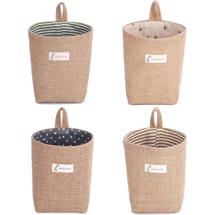 Opbergmanden, 4 stuks opbergtas van katoen en linnen, opvouwbare opbergmand met handvat, kleine hangmand voor speelgoed, make-up, sleutels, kleine voorwerpen