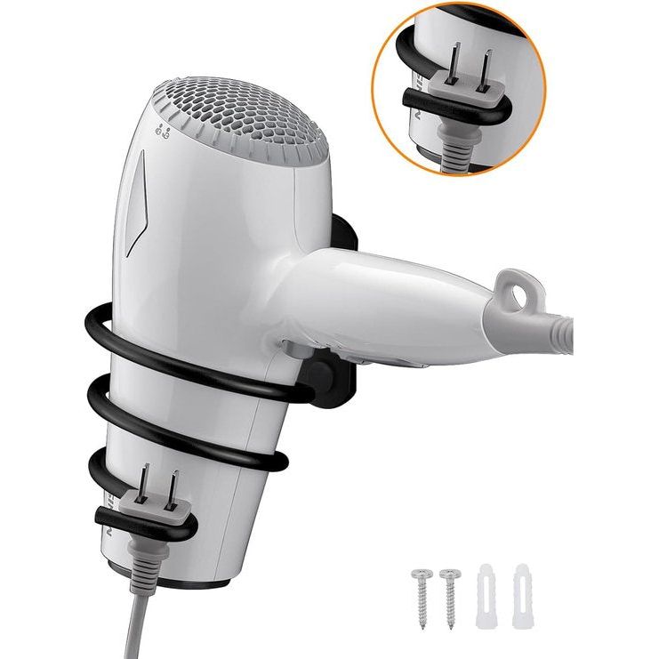 Föhnhouder, föhnhouder, föhnhouder, wandmontage, niet boren, zelfklevend, aluminium, met kabelhouder, zwart