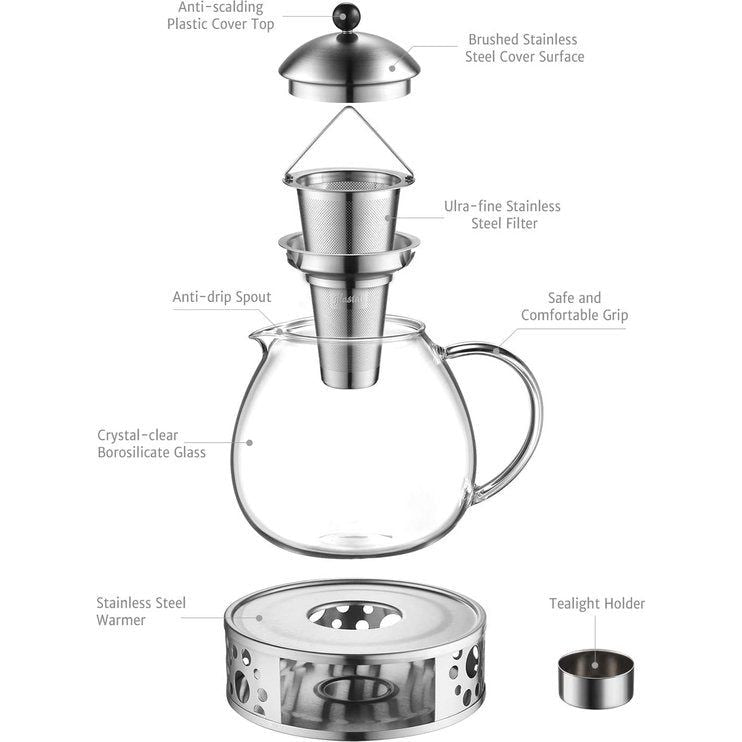 Glazen theepot 1500 ml met 18/10 roestvrijstalen theezeef, groot borosilicaatglas, theemaker op fornuis, glazen kan met uitneembare zeef, 1500 ml