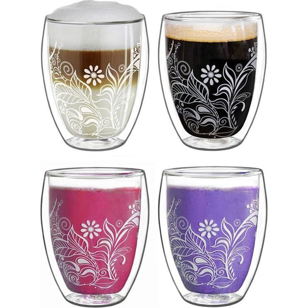 Dubbelwandige glazen 250 ml Flowery White - thermoglas met decor - dubbelwandige glazen in set van 4