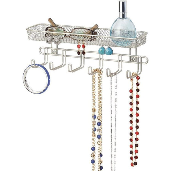 Sieradenopberger om op te hangen, wandmontage, met 6 haken en een vak, 27,9 cm, modieuze sieradenorganizer voor brillen, kettingen en accessoires, sieradenhouder om op te hangen, kleur: gesatineerd