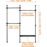 Telescopische kledingkast, telescopische kledingstang, voor slaapzaal, kleedkamer, slaapkamer, belasting per paal 50 kg, zwart