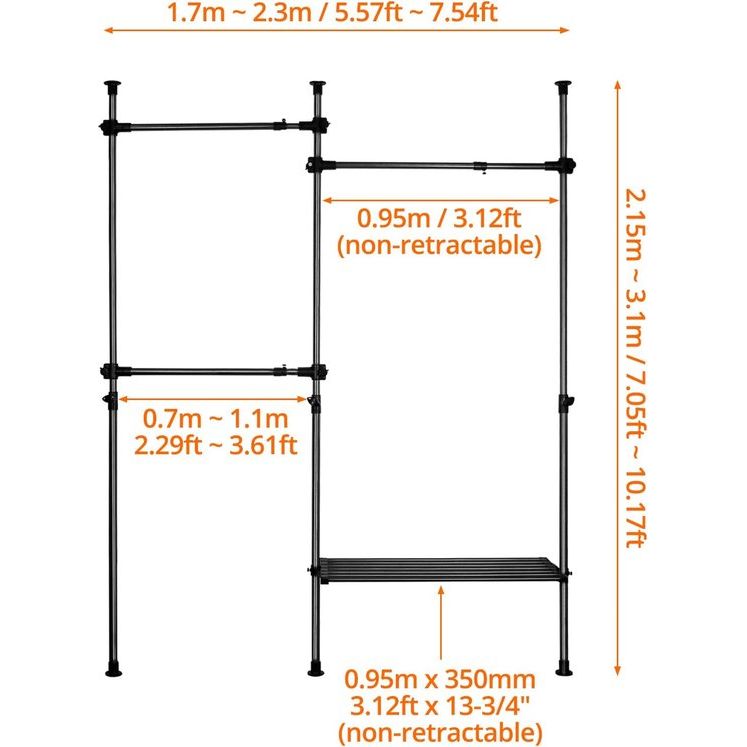 Telescopische kledingkast, telescopische kledingstang, voor slaapzaal, kleedkamer, slaapkamer, belasting per paal 50 kg, zwart