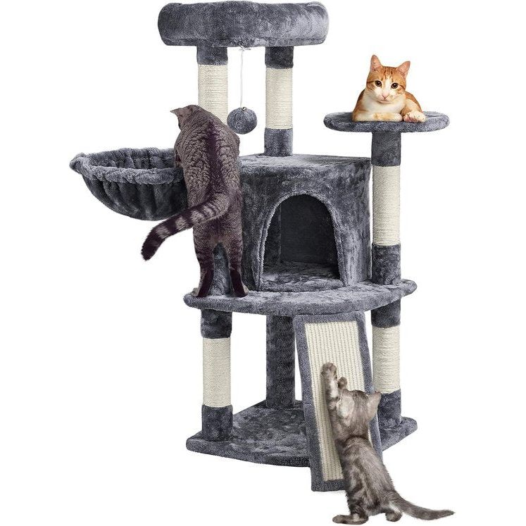 Krabpaal, 107 cm, stabiele kattenboom, klimboom, met kattenhol, krabplank, pluche sisal, kattenmeubel, donkergrijs