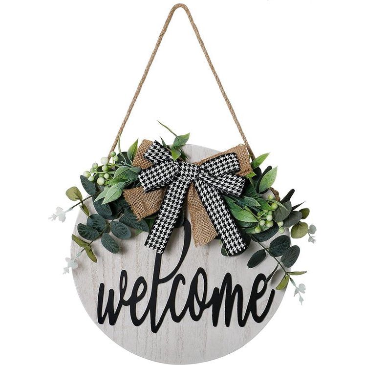 Welkomstbord voor de voordeur, welkomskransen, houten bord voor op de boerderij veranda, decoratief houten deurkrans, zomerse buitenversiering, hangend cadeau, ambachtelijk gemaakt, 30 x 30 cm (wit)
