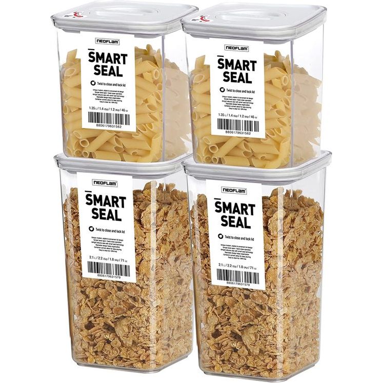 Smart Seal Vorratsdosen-Set 4tlg. BPA-frei, Frischhaltedosen, luftdicht, spülmaschinenfest, Vorratsbehälter mit Deckel weiß, patentiert, Aufbewahrungsbox für Müsli, Mehl, 2x 1.35L & 2x 2.1L