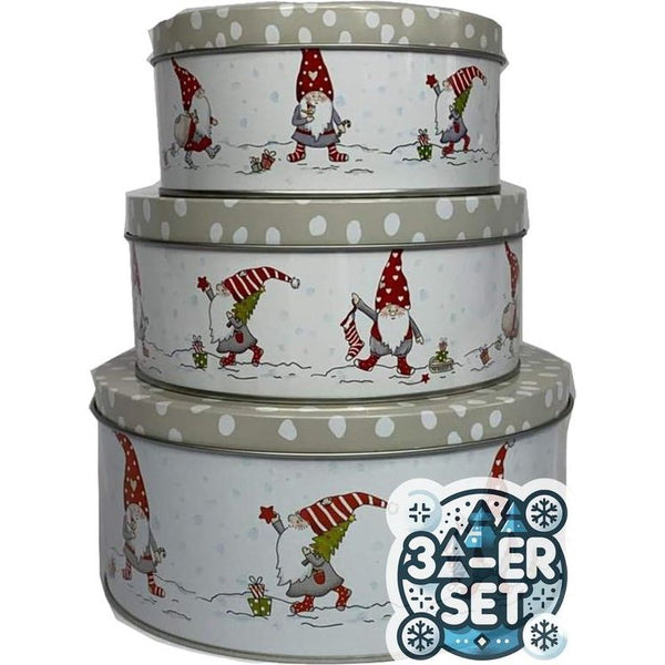 Set van 3 metalen koekjesdoos, koekjesdoos, rond, kerstkabouter, grijs-wit, gestippeld, grijs deksel, 14-20 cm