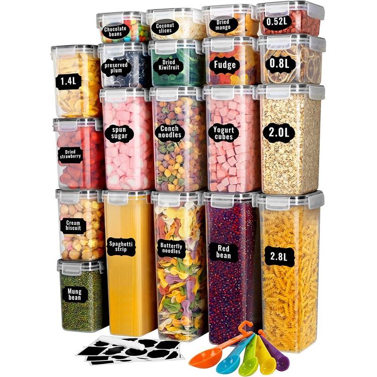 Set van 20 voorraaddozen met deksel, luchtdicht voor keuken, van plastic, voorraaddozen voor spaghetti, muesli, meel, cornflakes (2,8 l, 2 l, 1,4 l, 0,8 l, 0,52 l)