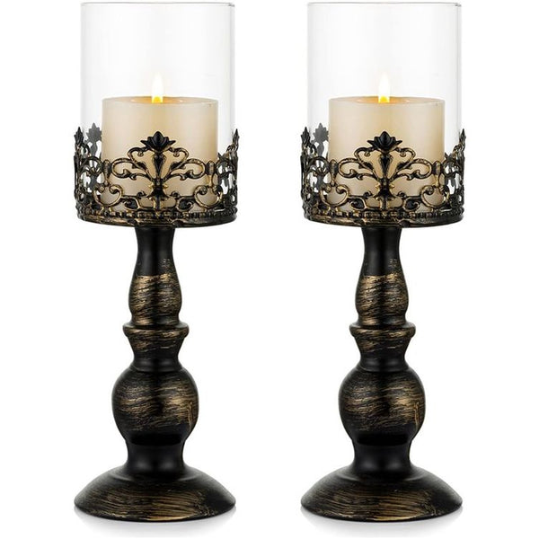 Kandelaar set vintage Distressed Black Hurricane kandelaar 2 stuks, kandelaar voor stompkaars, kaarsenhouder, bruiloftsfeest, huisdecoratie, open haard, mantel, decoratie, 33 cm