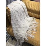 Woondeken, zacht gebreide wollen deken, kwastjes, knuffeldeken, bankdeken, slaapdeken, deken, beige, 125 x 210 cm