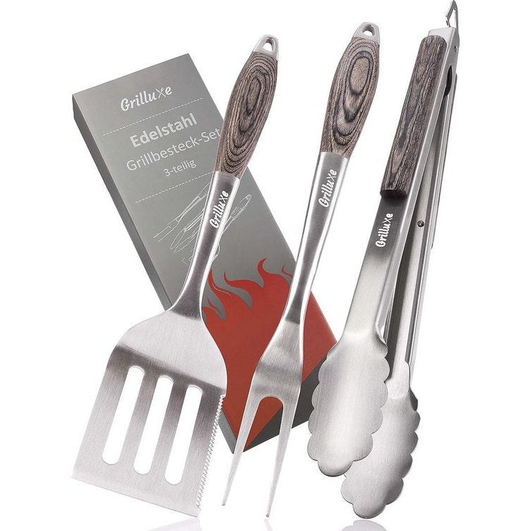 Premium grillbestekset, 3-delig, Deluxe BBQ Tool Set, pakkahout + roestvrij staal, extra lang, grilltang + grillspatel + vleesvork, grills en oven, geïntegreerde flesopener
