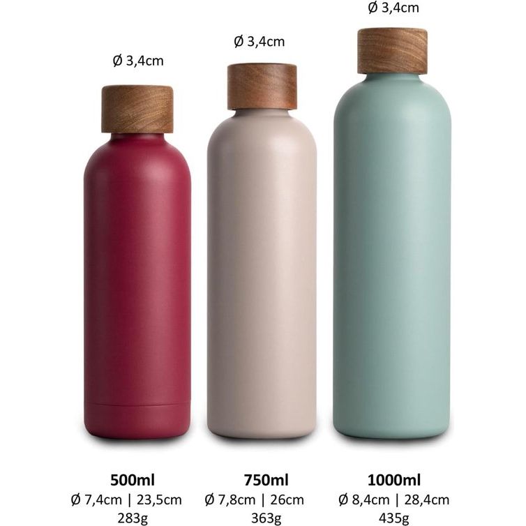 Roestvrijstalen drinkfles, 500 ml, thermosfles, 0,5 l, met acaciahouten deksel, geïsoleerde waterfles, lekvrij bij koolzuur, thermosfles 500 ml, nude