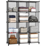 12 Plank Draadkubus Stapelbare Plankkubus DIY Metalen Raster Plankkubus Boekenplank Kubusplank met deuren voor woonkamer, slaapkamer, badkamer Zwart