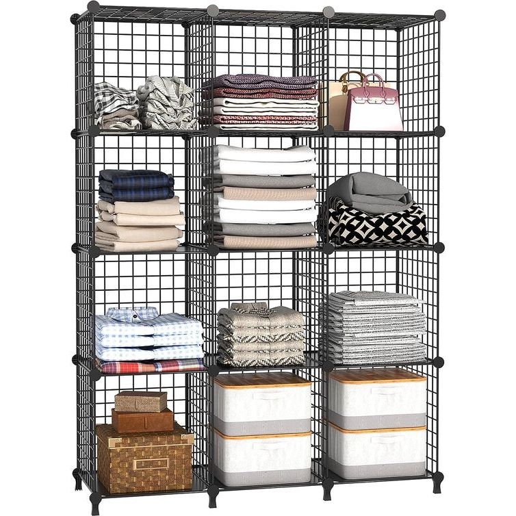 12 Plank Draadkubus Stapelbare Plankkubus DIY Metalen Raster Plankkubus Boekenplank Kubusplank met deuren voor woonkamer, slaapkamer, badkamer Zwart