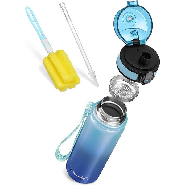 Roestvrij staal Thermos waterfles Lekvrij-met stro of zeef-400ml, 600ml - bpa-vrij-voor kleuterschool ,school (blauw verloop, 600ml)