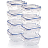 Kunststof vershouddozen, 8 x voorraaddozen met deksel, klein, vierkant, stapelbaar, onbreekbaar, magnetron- en vaatwasmachinebestendig