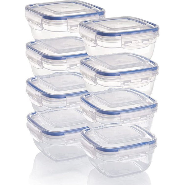 Kunststof vershouddozen, 8 x voorraaddozen met deksel, klein, vierkant, stapelbaar, onbreekbaar, magnetron- en vaatwasmachinebestendig