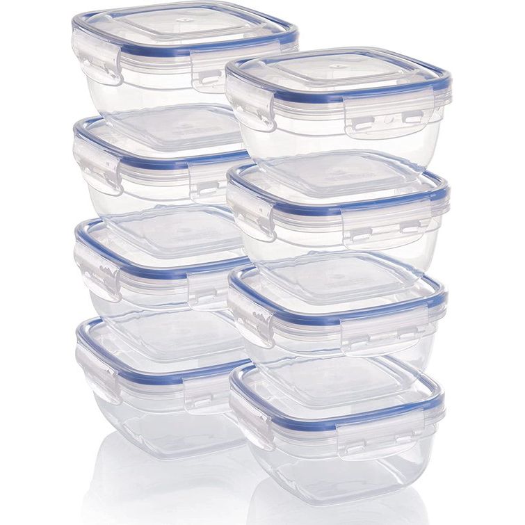 Kunststof vershouddozen, 8 x voorraaddozen met deksel, klein, vierkant, stapelbaar, onbreekbaar, magnetron- en vaatwasmachinebestendig