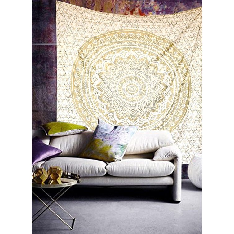 Indisch psychedelisch wandkleed, mandala-motief in wit en goud, boho-stijl, Indisch katoen, 140 x 220 cm