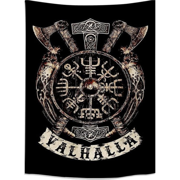 Viking decoratief wandtapijt Vegvisir assen hamer Valhalla muur doek Scandinavische mythologie Fathurk wandbehang Gothic esthetisch decoratief tapijt klein zwart 150 x130cm