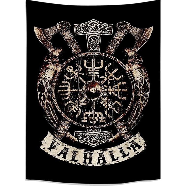 Viking decoratief wandtapijt Vegvisir assen hamer Valhalla muur doek Scandinavische mythologie Fathurk wandbehang Gothic esthetisch decoratief tapijt klein zwart 150 x130cm