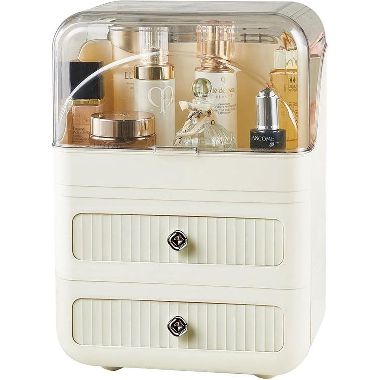 Make-up organizer met deksel en 2 laden, stofdicht, grote capaciteit, beauty-organizer voor kaptafel, badkamer, slaapkamer