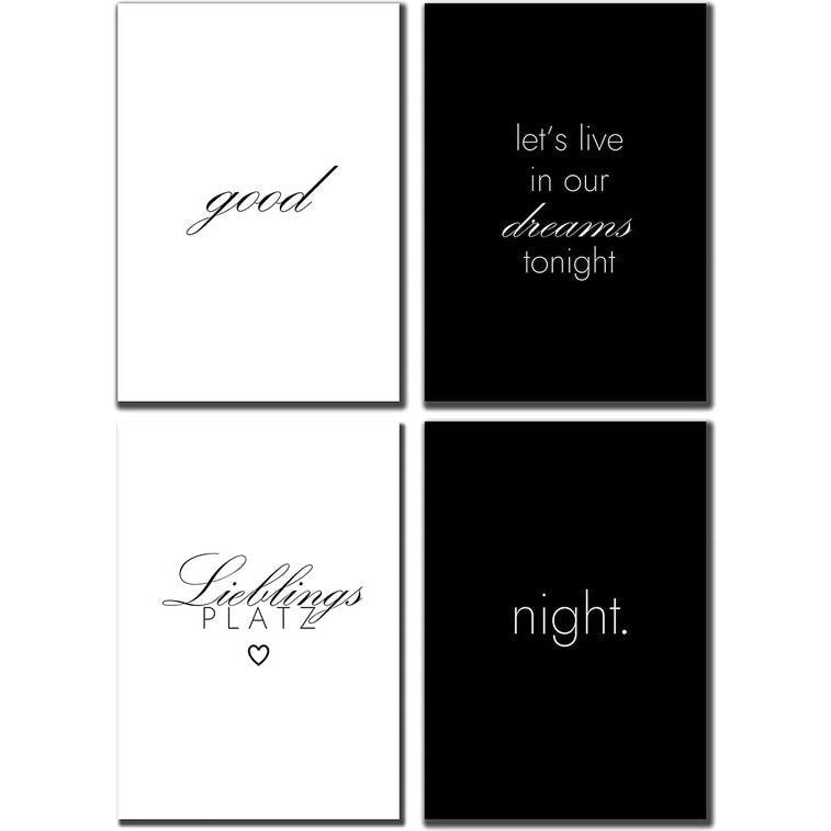 Set beeldingen voor slaapkamer, 4 stuks, prachtige decoratieve beeldingen in wit en wit, perfect geschikt voor DIN A4 foto's